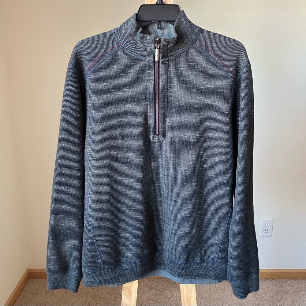 Tommy Bahama Quarter Zip Sweater Sweatshirt Charcoal Blue Red Piping